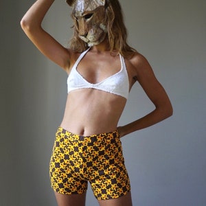70s Brown Yellow MOD Print Beach Swim Shorts / Vintage French Deadstock Geometric Nylon Bathing Shorts Swimming Trunks