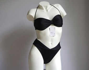 80s Minimalist Black High Cut Bandeau Bikini Set / Vintage Deadstock V Cut Satin Halter Strap Two Piece Swimsuit MEDIUM