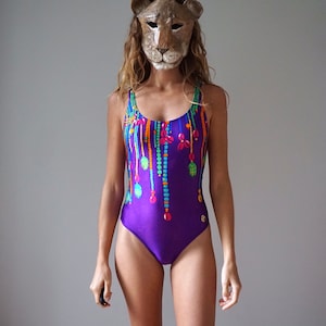 90s Purple Charm Print One Piece Bathingsuit / Vintage Deadstock New Old Stock Swimsuit XS SMALL