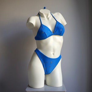 90s Blue High Cut Triangle Bikini Set / Vintage Deadstock Pattern Swimsuit SMALL MEDIUM