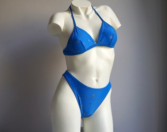 90s Blue High Cut Triangle Bikini Set / Vintage Deadstock Pattern Swimsuit SMALL