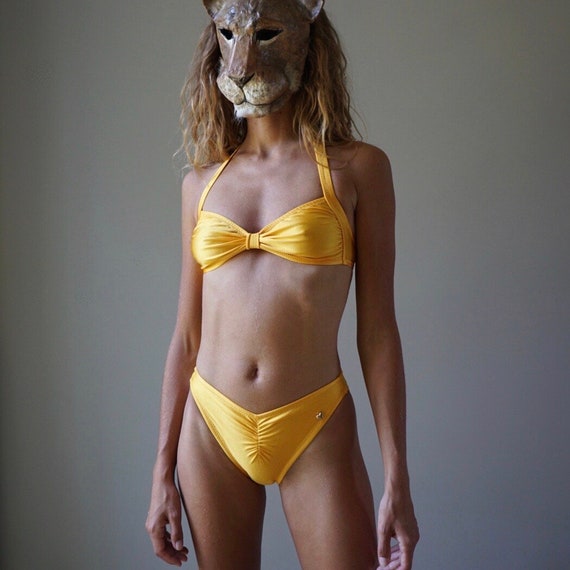 80s Golden Yellow Ruched Brief Bikini Set / Vinta… - image 1