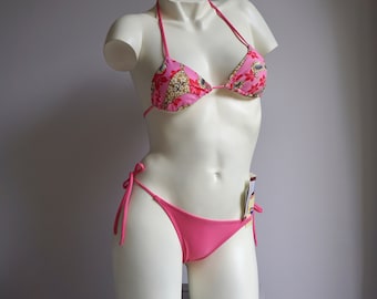 00s y2k Pink Hibiscus Triangle String Tie Bikini Set / Vintage Deadstock Print Two Piece Swimsuit XXS