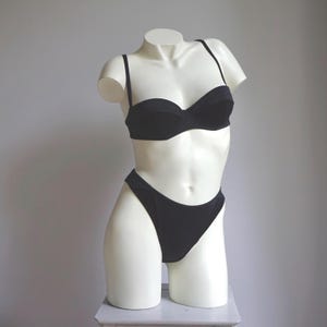 90s Matte Black Ribbed High Cut Underwire Bikini Set / Vintage Deadstock Contrasted Material Swimsuit SMALL MEDIUM
