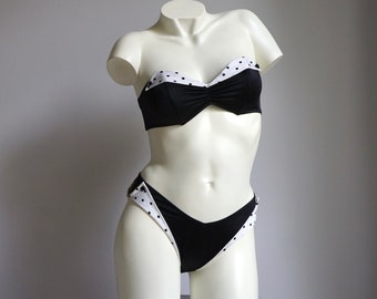 80s Tuxedo Black White Polka Dot Print Strapless Bandeau Bikini Set / Vintage Deadstock Buttoned Two Piece Swimsuit MEDIUM