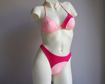 00s y2k Duo Pink Color Block Triangle Bikini Set / Vintage Deadstock Solid Hot Pink Pastel Swimsuit SMALL MEDIUM LARGE