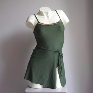 00s y2k Two Piece Army Green Fringe Sarong Swimsuit Set / Vintage Deadstock Wrap Skirt Bathingsuit MEDIUM