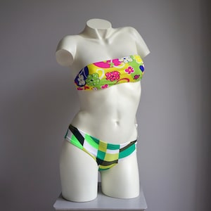 80s Colorful Print Bandeau Bikini Set / Vintage Low Rise Brazilian Cheeky Swimsuit MEDIUM