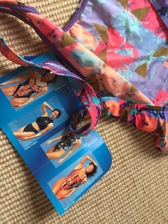 90s Neon Patchwork Colorful Print High Leg Bathin… - image 5