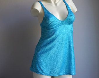 70s Mod Beach Cover-up Nylon Blue Polka Dot Print / Retro Vintage Deadstock Satin Pregnancy Dress Suit SMALL