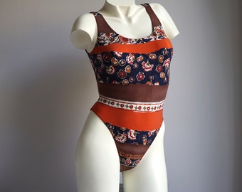 90s Boho Brown Rust Orange Floral Print High Cut Bathingsuit / Vintage Deadstock Liberty One Piece Swimsuit SMALL MEDIUM