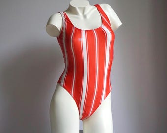 90s Wet Look Striped Print One Piece Bathingsuit / Vintage Deadstock Red White Swimsuit MEDIUM