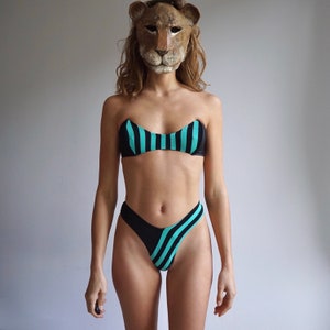 80s Black Green Striped High Cut Underwire Strapless Bikini Set / Vintage Deadstock Print Swimsuit SMALL