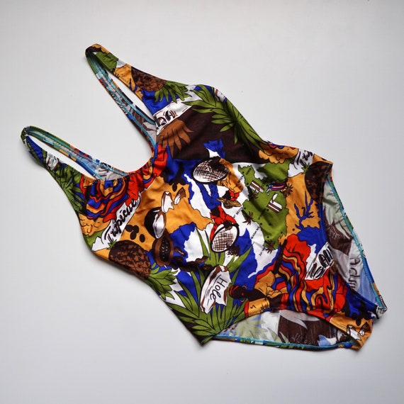 80s Brazil Tropical Print Cut Out Back One Piece … - image 3