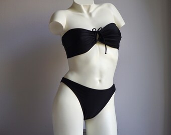 00s y2k Solid Black Bandeau Bustier Bikini Set / Vintage Deadstock Mid Rise Brief Keyhole Top Swimsuit XXL