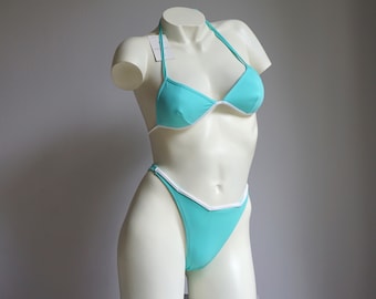 90s Light Turquoise High Cut Brazilian Padded Triangle Top Bikini Set / Vintage Deadstock Blue White Two Piece Swimsuit