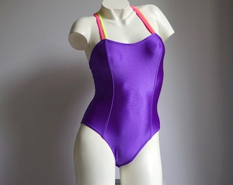 90s Purple Satin Neon Straps Bathingsuit / Vintage Deadstock Aerobic Sporty One Piece Swimsuit SMALL