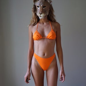 90s Solid Orange Cotton High Cut Bikini Set / Vintage Deadstock Triangle Two Piece Swimsuit SMALL