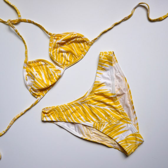 90s Yellow White Fern Leaf Print Bikini Set / Vin… - image 4