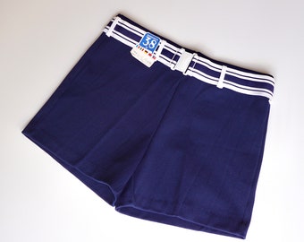 70s Navy Blue MOD Belted Swim Shorts / Vintage Deadstock High Rise Solid French Beach Sailor Bathing Shorts XS Small XL