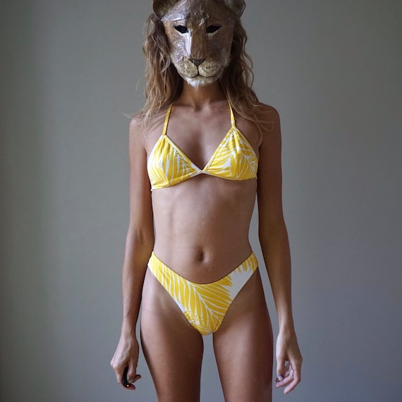 90s Yellow White Fern Leaf Print Bikini Set / Vin… - image 1