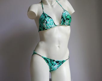 70s Green Floral Low Waist Bikini / Vintage Silver Beads Triangle Swimsuit SMALL