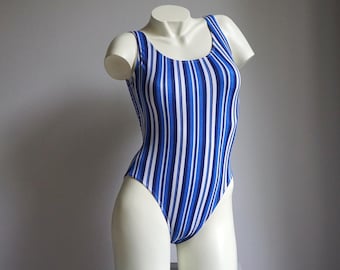 90s White Blue Striped Print One Piece Bathingsuit / Vintage Deadstock One Piece Swimsuit SMALL