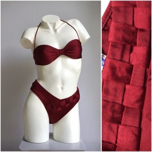 80s Maroon Braided High Cut Strapless Bandeau Bikini Set / Vintage Deadstock Solid Textured Woven Two Piece Swimsuit