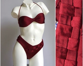 80s Maroon Braided High Cut Strapless Bandeau Bikini Set / Vintage Deadstock Solid Textured Woven Two Piece Swimsuit