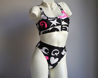 90s Quicksilver Black Pink Neon High Waist Bralette Bikini Set / Vintage Deadstock Graphic Symbol Print Two Piece Swimsuit SMALL