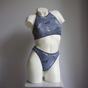 90s Blue Denim High Cut Tankini Bikini Set / Vintage Deadstock Printed Halter Bralette Swimsuit Small MEDIUM