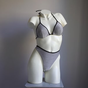 90s Silver Ultra High Cut Thong Triangle Bikini / Vintage Deadstock Scandalous Skimpy Metallic Gray Swimsuit SMALL MEDIUM