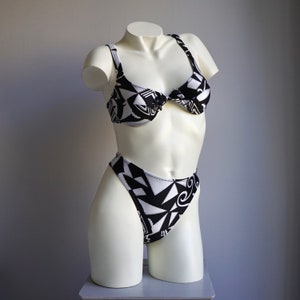 80s Abstract Black White High Cut Underwire Bikini Set / Vintage Deadstock Printed Two Piece Swimsuit SMALL MEDIUM XL