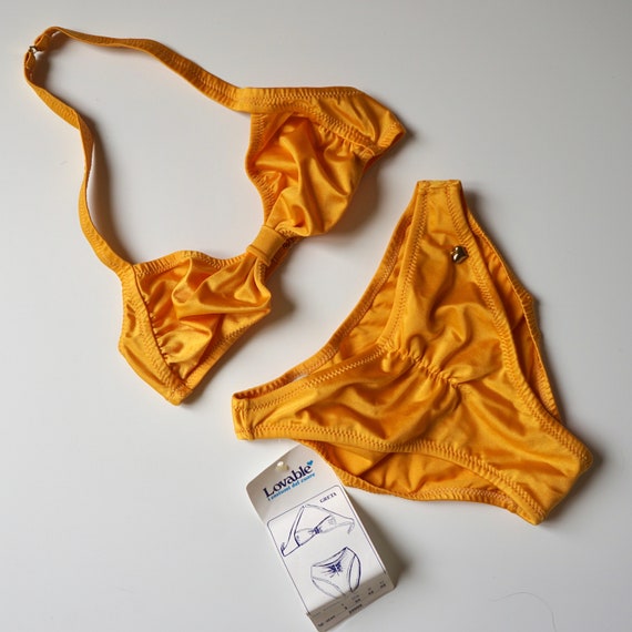 80s Golden Yellow Ruched Brief Bikini Set / Vinta… - image 4
