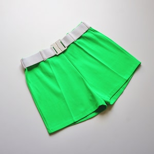 70s Neon Green MOD Belted Swim Shorts / Vintage Deadstock High Rise Solid French Beach Bathing Shorts XS SMALL Medium
