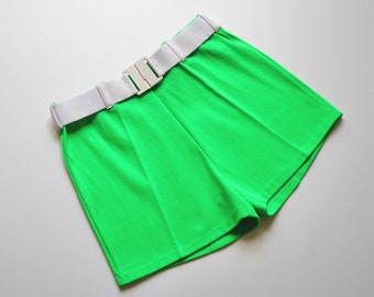 70s Neon Green MOD Belted Swim Shorts / Vintage Deadstock High Rise Solid French Beach Bathing Shorts XS SMALL Medium