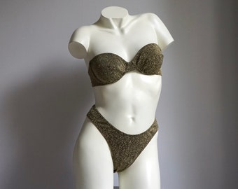 80s Glitter Gold High Cut Underwire Strapless Bikini Set / Vintage Deadstock Lurex Solid Swimsuit LARGE