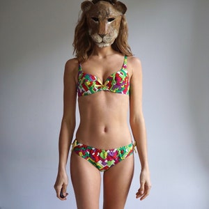 60s Cotton Multicolor Hip Hugger Bloomer Bikini / Retro Vintage Deadstock Underwire Bra Colorful Geometric Print Low Rise XS