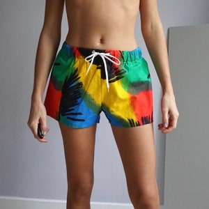 80s Multicolor Cotton Swim Trunks Beach Shorts / Vintage Deadstock Mini Printed Bathing Shorts Unisexe SMALL MEDIUM