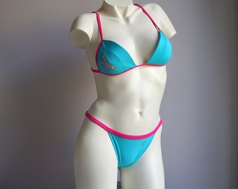 00s y2k Turquoise Blue Pink Butterfly Bikini Set / Vintage Deadstock Tanga Padded Top Two Piece Swimsuit XS SMALL