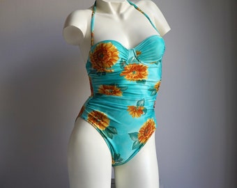 80s Turquoise Blue Ruched Underwire One Piece Bathingsuit / Vintage Deadstock Floral Print Swimsuit XS