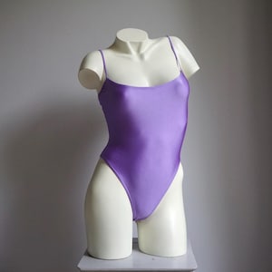 00s y2k Lilac Satin High Cut Bathingsuit / Vintage Deadstock Spaghetti Straps Solid One Piece Swimsuit SMALL