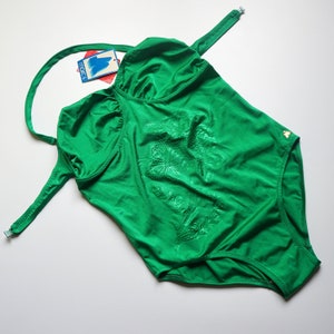 80s Kelly Green Bustier One Piece Bathingsuit / Vintage Deadstock Halter Strap Cut Out Back Swimsuit XL