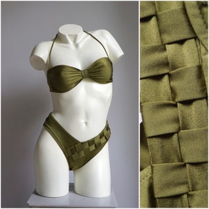 80s Olive Green Braided High Cut Strapless Bandeau Bikini Set / Vintage Deadstock Solid Textured Woven Two Piece Swimsuit SMALL MEDIUM
