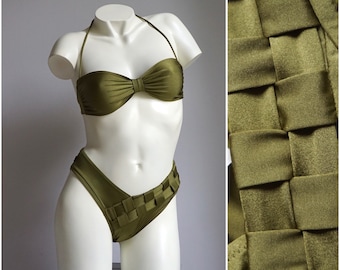 80s Olive Green Braided High Cut Strapless Bandeau Bikini Set / Vintage Deadstock Solid Textured Woven Two Piece Swimsuit SMALL MEDIUM