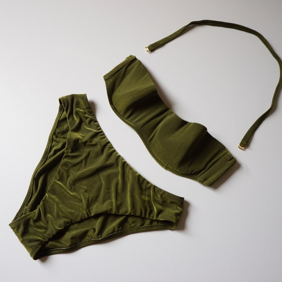 00s y2k Moss Green Lurex Padded Bikini Set / Vint… - image 6