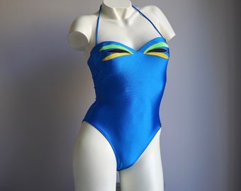 80s Blue Bustier High Cut Bathingsuit / Vintage Deadstock Strapless Embroidered One Piece Halter Strap Luxury Swimsuit SMALL