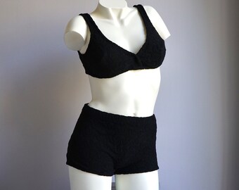 70s Black Terrycloth Mod Bikini Set / Retro Vintage Deadstock Shell Bullet Bra High Waist Shorts Brief Swimsuit LARGE