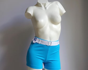 70s Turquoise Blue MOD Belted Swim Shorts / Vintage Deadstock High Rise Solid French Beach Bathing Shorts
