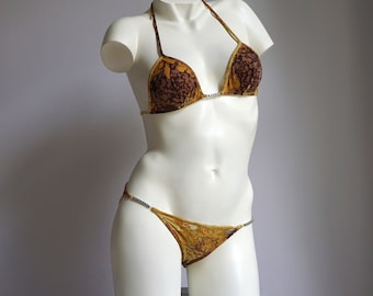 70s Warm Tones Vegetal Pattern Beaded Low Waist Triangle French Bikini Set / Retro Mod Vintage Deadstock Brown Pearls Two Piece Swimsuit